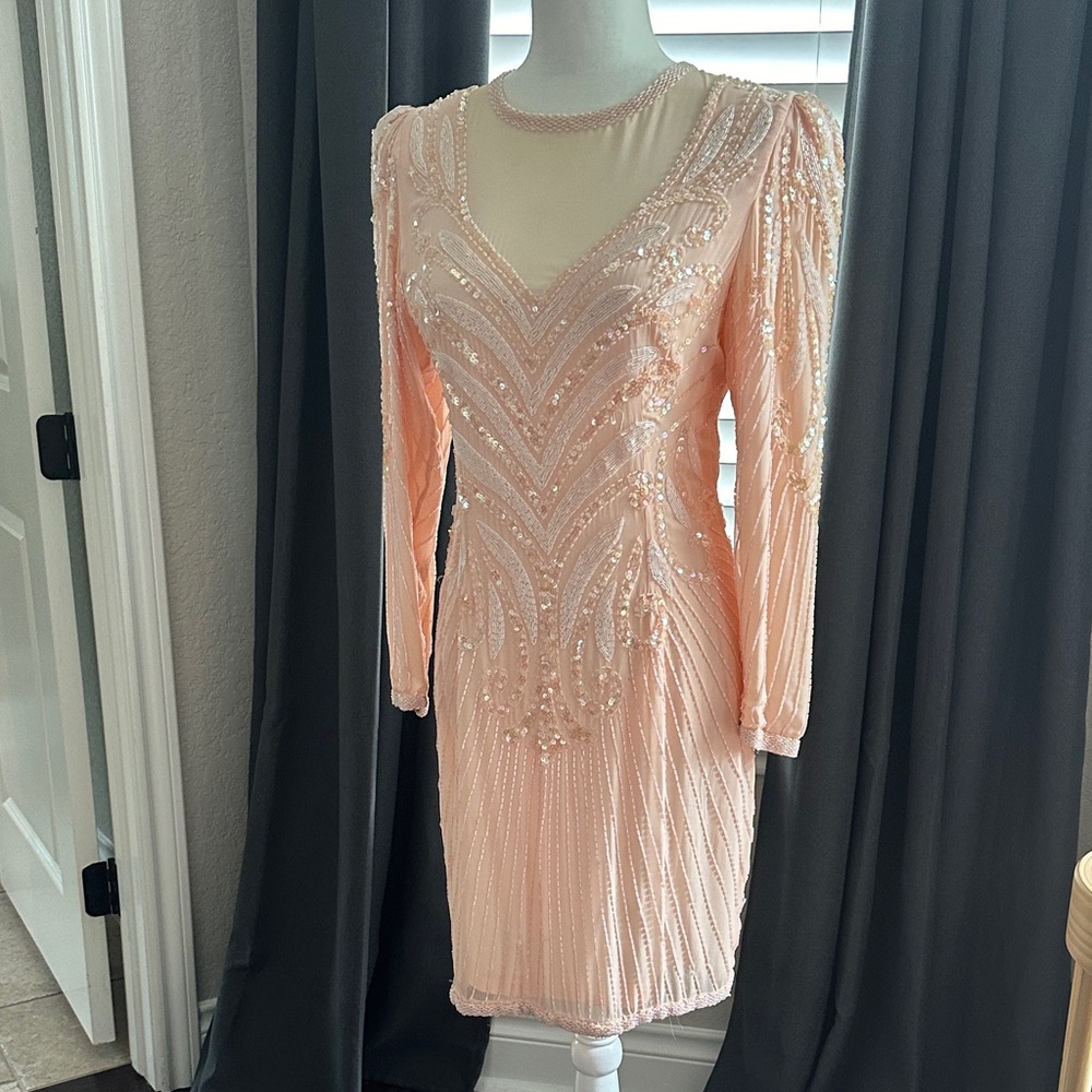 Morgan Taylor Peach 100% Silk, Long Sleeve Beaded Dress 6